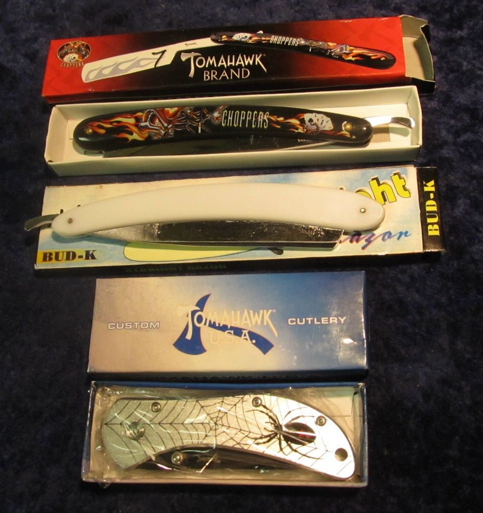 687. Tomahawk Brand Spyder Knife and 2-Straight Razors.