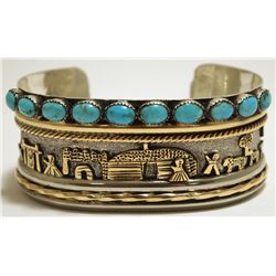 Dead Pawn Navajo Turquoise 12k Gold Fill Sterling Silver Storyteller Cuff Bracelet - Roger Nelson