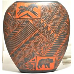 Navajo Multi-Animal & Kokopelli Etched Pottery - V.K.