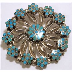 Old Pawn Navajo Turquoise Sterling Silver Flower Pendant & Pin - VM Dishta