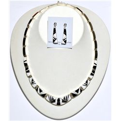 Navajo Onyx & White Buffalo Sterling Silver Necklace & Earrings Set - Calvin Begay