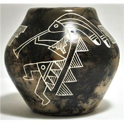 Acoma Pueblo Kokopelli Etched Horsehair Pottery - Gary Yellow Corn Louis