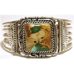 Navajo Boulder Green Turquoise Sterling Silver Cuff Bracelet - Eugene Belone