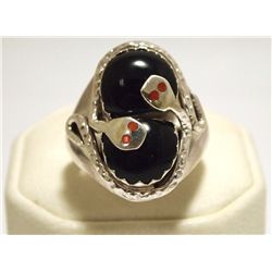 Zuni Onyx & Coral Sterling Silver Snake Men's Ring - Effie Calavaza