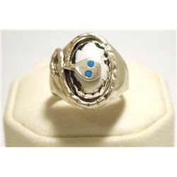 Zuni White Buffalo Sterling Silver Turquoise-Eyed Snake Men's Ring - Effie Calavaza