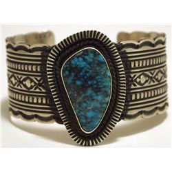 Navajo Spider Web Kingman Turquoise Sterling Silver Cuff Bracelet - Harold Joe