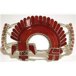 Zuni Coral Inlay Rainbow Dancer Sterling Silver Cuff Bracelet - Fadrian & Vivica Bowannie