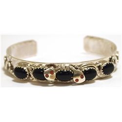 Zuni Onyx Sterling Silver Coral-Eyed Snake Cuff Bracelet - Effie Calavaza