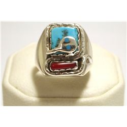 Zuni Coral & Turquoise Sterling Silver Snake Men's Ring - Effie Calavaza