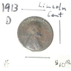 1913-D LINCOLN CENT RED BOOK VALUE IS $10.00+ *RARE EARLY YEAR VERY FINE GRADE*!!