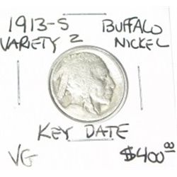 1913-S VARIETY 2 BUFFALO NICKEL RED BOOK VALUE IS $400.00 EXTREMELY RARE KEY DATE VERY GOOD GRADE*!!