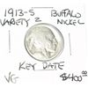 Image 1 : 1913-S VARIETY 2 BUFFALO NICKEL RED BOOK VALUE IS $400.00 EXTREMELY RARE KEY DATE VERY GOOD GRADE*!!