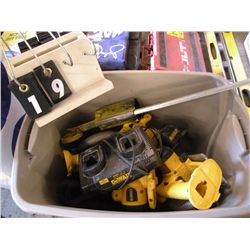 Tote of DeWalt cordless tools- charger- NO BATTERIES