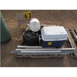 Pallet w/cooler, fittings, prybar, misc
