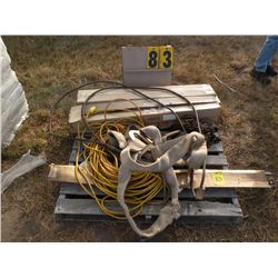 Pallet w/extension cords, log chain, choke cables, lift straps, misc