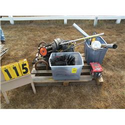Pallet w/wire, stove pipe, air hose & misc