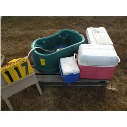 Pallet w/coolers, heated dog dish, misc