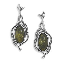 Oval Green Amber with Leaf Design Post Earrings