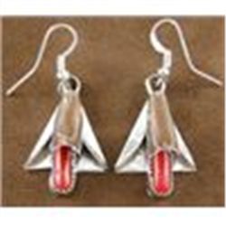 Sterling silver and Coral Hook dangle Squash Blossom Earrings Navajo Artist F. Yazzie
