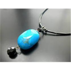 VERY PRETTY TURQUOISE GEMSTONE PENDANT WITH BLACK GLASS BEADS   AND  STERLING SILVER  CLASP