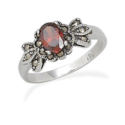 Small Oval Red CZ with Marcasite Ring