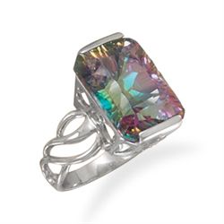 Rhodium Plated Rectangle Mystic Topaz Ring