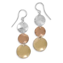 Graduated Triple Disc Earrings of Sterling Silver, Rose and Yellow Gold Plate