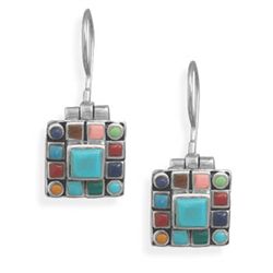 Square Turquoise Multistone Edge Earrings on French Wire
