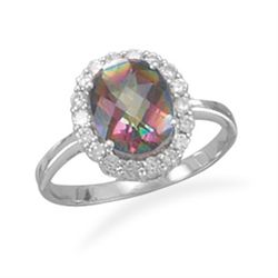 Rhodium Plated Oval Mystic Topaz Ring