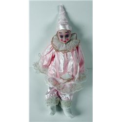 Bisque Girl Clown Doll in Pink w/ Pointy Hat 17 In.