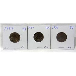 3 Buffalo Nickels F+