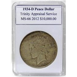 1934-D Peace Silver Dollar MS-66 w/Appraisal