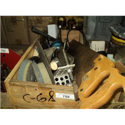 WOOD CRATE: CLAMP SET, GRINDING STONES, HAND SAW