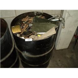 55 GALLON DRUM OF MIXED METAL, BRUSHES, PIPE