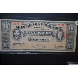 1914 Chihuahua State Diez (10) Pesos Foreign Bank Note; EST. $20-30