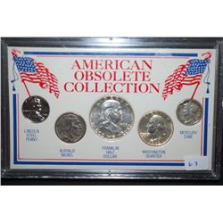 American Obsolete Collection Coin Set In Display Case; Lincoln Steel Penny, Buffalo Nickel, Ben Fran