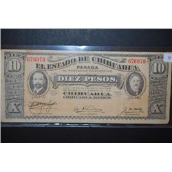 1914 Chihuahua State Diez (10) Pesos Foreign Bank Note; EST. $20-30