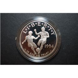 1994-S US World Cup Commemorative $1 Silver Proof In Velvet Box With COA Included; .900 Silver .76 O