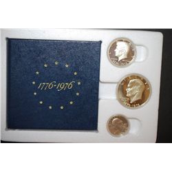 1976-S US Bicentennial Silver Three-Coin Set In Display Case; Washington, Kennedy & Eisenhower; 40% 