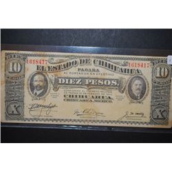 1914 Chihuahua State Diez (10) Pesos Foreign Bank Note; EST. $20-30