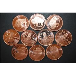 Copper Round "Buffalo Nickel Type & Frosty The Snowman Type"; .999 Fine Copper 1 Oz.; Lot of 10; EST