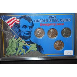 1943 Lincoln Steel Cents Emergency Issue Set In Display Case; Lot of 4 Coins; EST. $5-10
