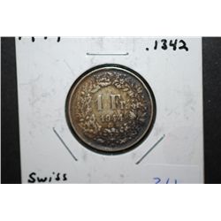 1944 Swiss 1 Franc Foreign Coin; .1342 ASW; EST. $10-15