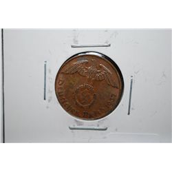 1937-A German 2 Reichspfennig Foreign Coin With Flying Eagle Holding Swatstika; EST. $5-15