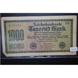 1922 German 1000 Fausend Mark Foreign Bank Note; EST. $5-10