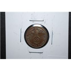 1937-A German 1 Reichspfennig Foreign Coin With Flying Eagle Holding Swatstika; EST. $10-20