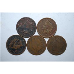 US Indian Head One Cent; Various Dates & Conditions; Lot of 5; EST. $5-10