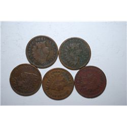 US Indian Head One Cent; Various Dates & Conditions; Lot of 5; EST. $5-10