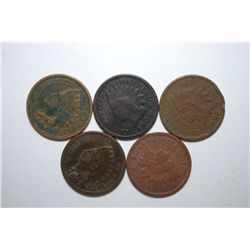 US Indian Head One Cent; Various Dates & Conditions; Lot of 5; EST. $5-10