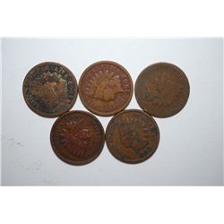 US Indian Head One Cent; Various Dates & Conditions; Lot of 5; EST. $5-10